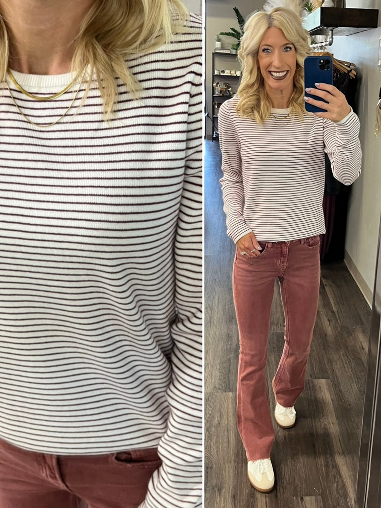 Bexley Pinstripe Lightweight Sweater - Ivory/Wine