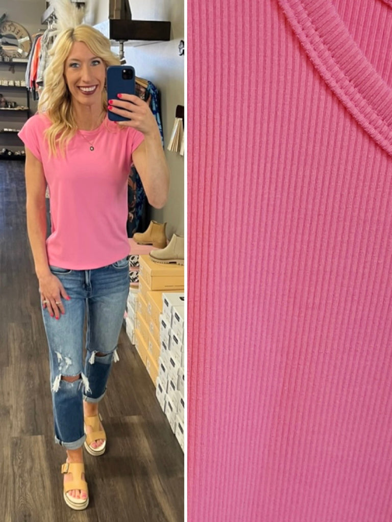 Katrina Ribbed Cap Sleeve Top - Pink