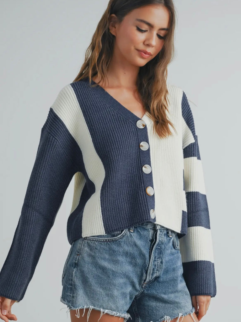 Rhonda Color-Block Cardigan - Navy/Cream