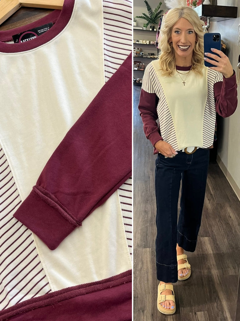Hannah Color-Block Crewneck - Maroon