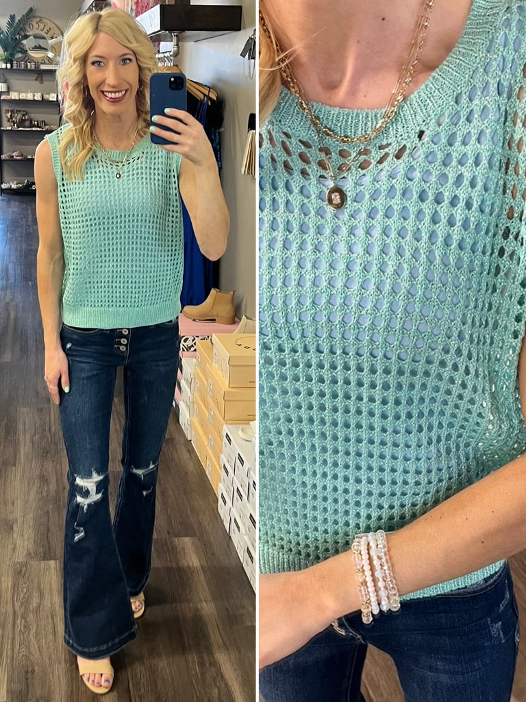 Leslie Open Knit Tank - Teal
