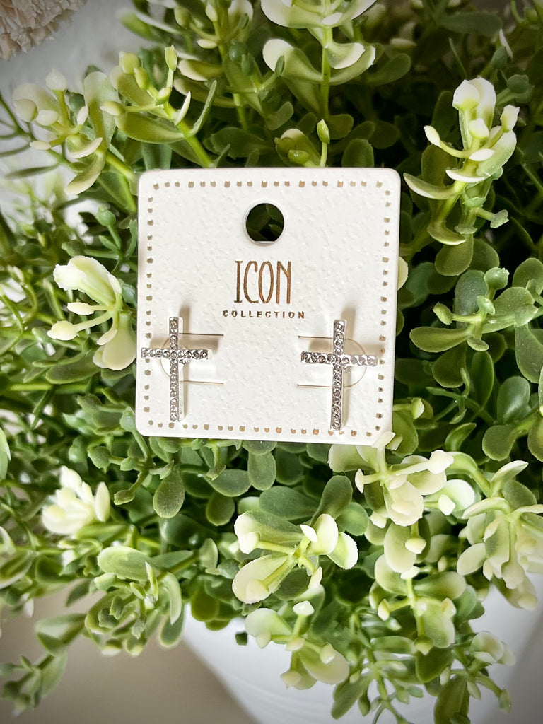 Pave Cross Stud Earrings - Silver