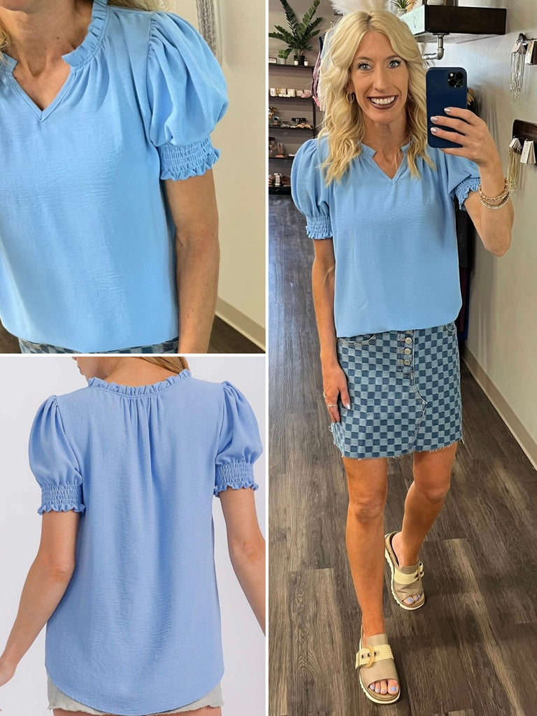 Lexi Smocked Sleeve Blouse - Sky Blue