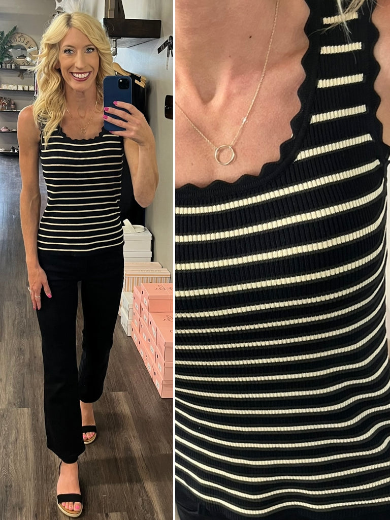 Mallory Striped Scalloped Edge Tank - Oatmeal/Black