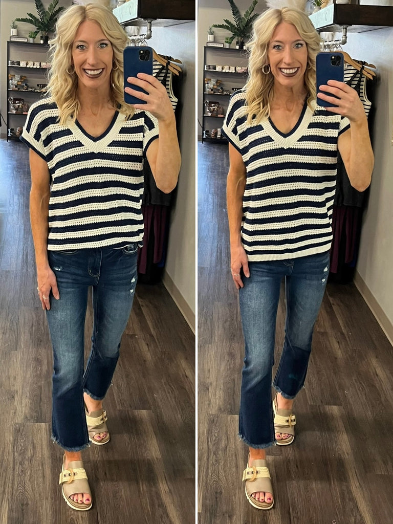 Hannah Open-Knit Striped Top - Navy