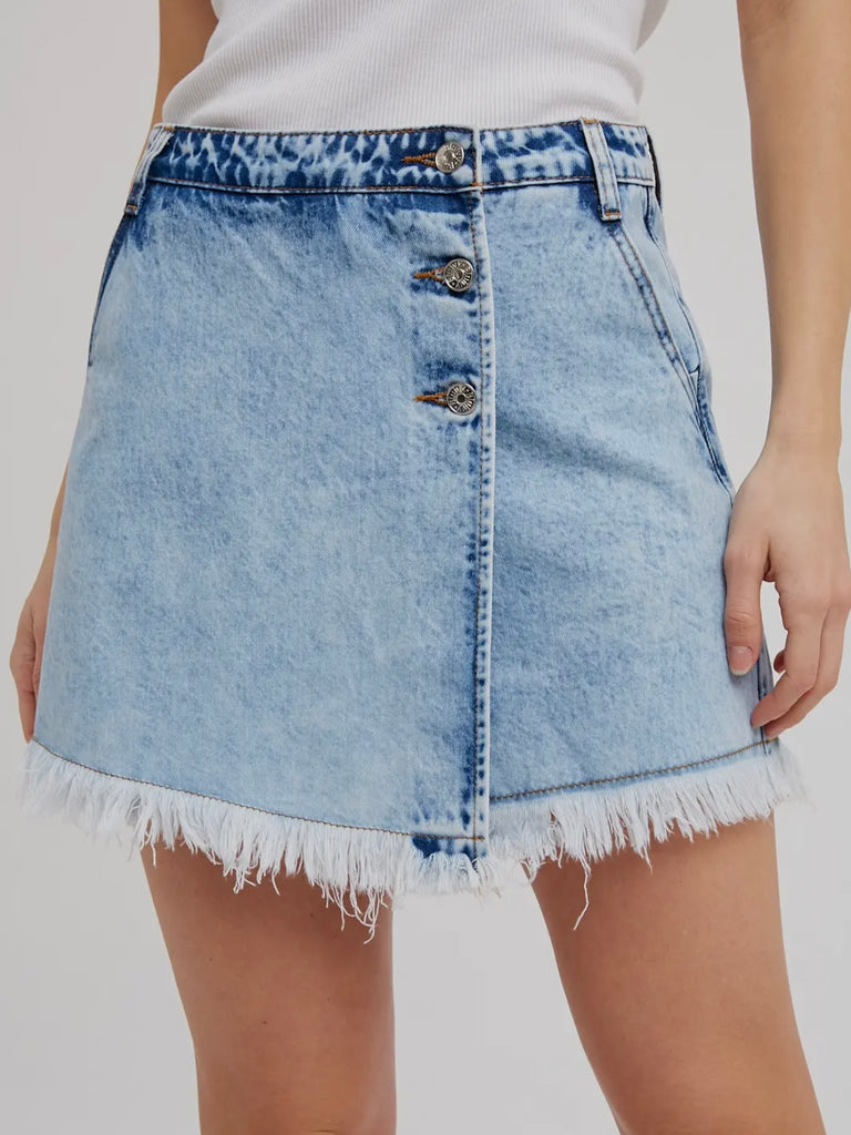 Krissy Denim Frayed-Trim Skort