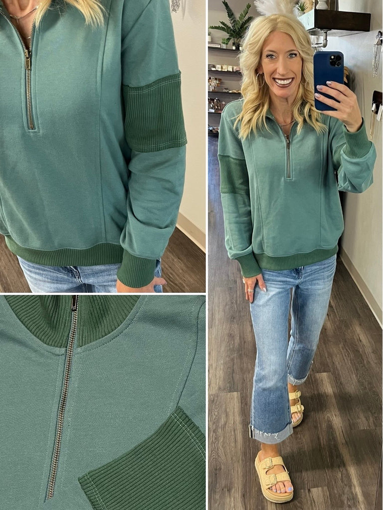 Lindsey Ribbed Accent 1/4 Zip - Sage