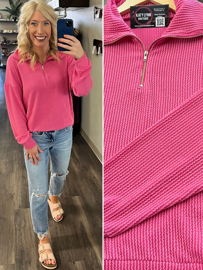 Mindy Ribbed 1/4 Zip - Pink