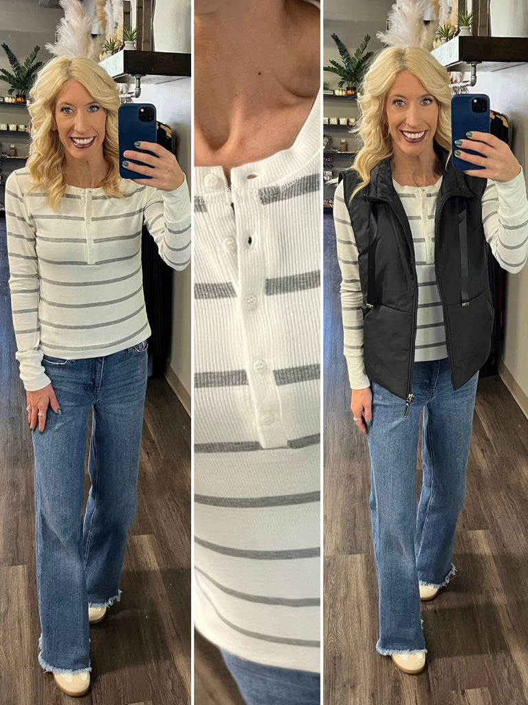 Caris Striped Snap Thermal - Gray/Ivory