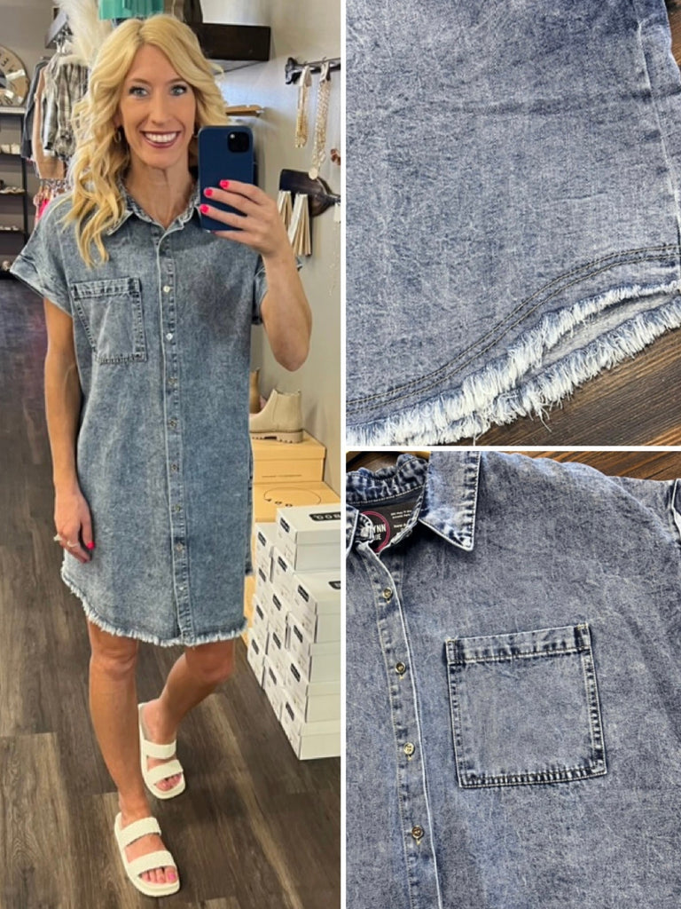 Opal Frayed Hem Denim Shirt Dress - Light Wash