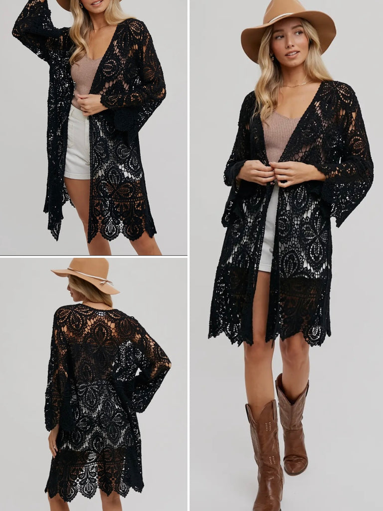 Kallie Crochet Bell Sleeve Cardi - Black