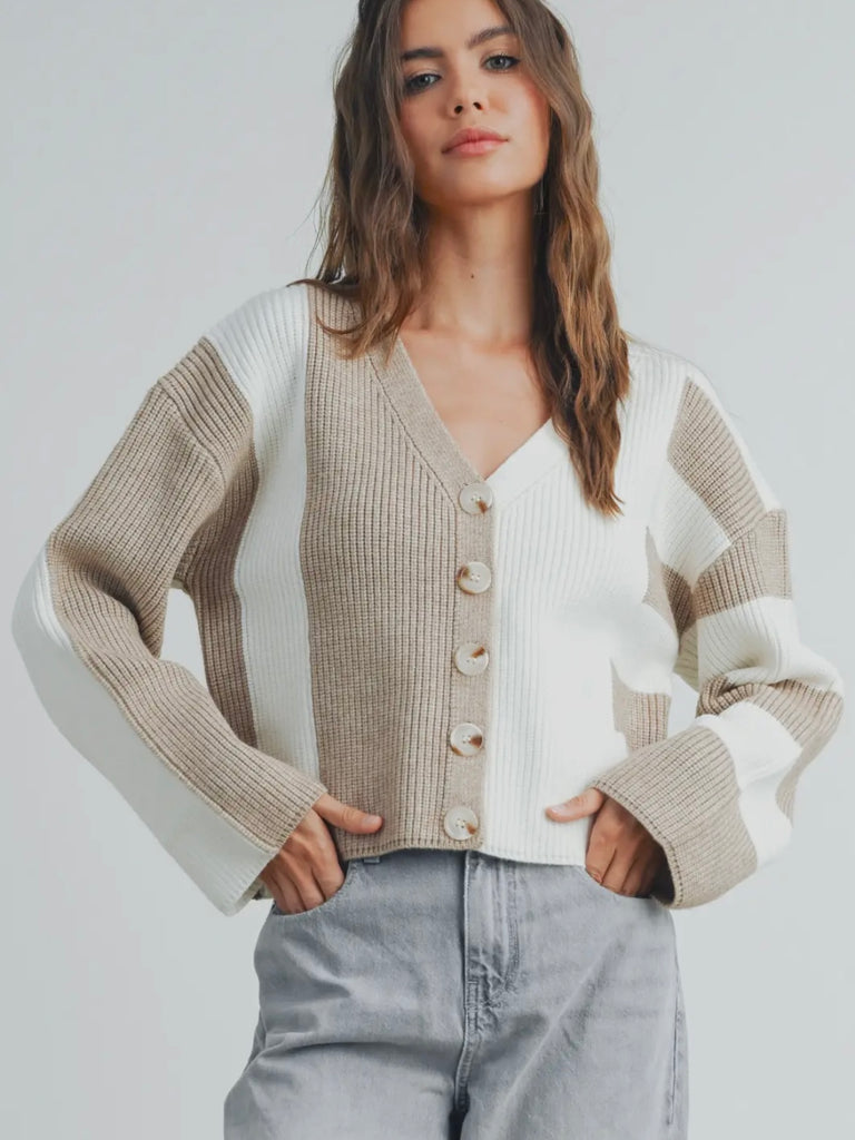 Rhonda Color-Block Cardigan - Taupe/Cream