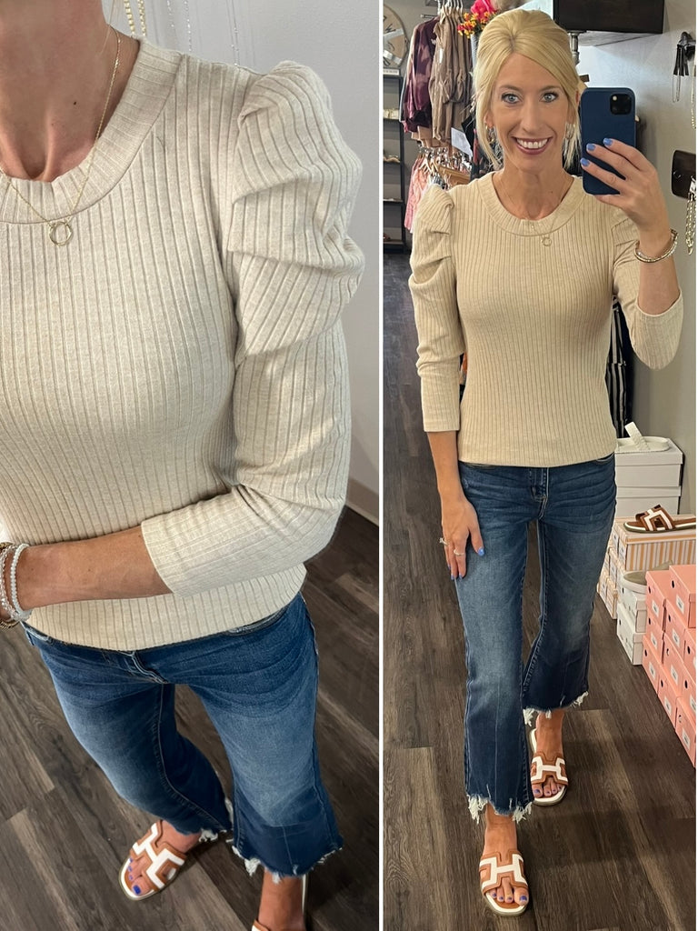 Leena Puff Sleeve Rib Top - Oat
