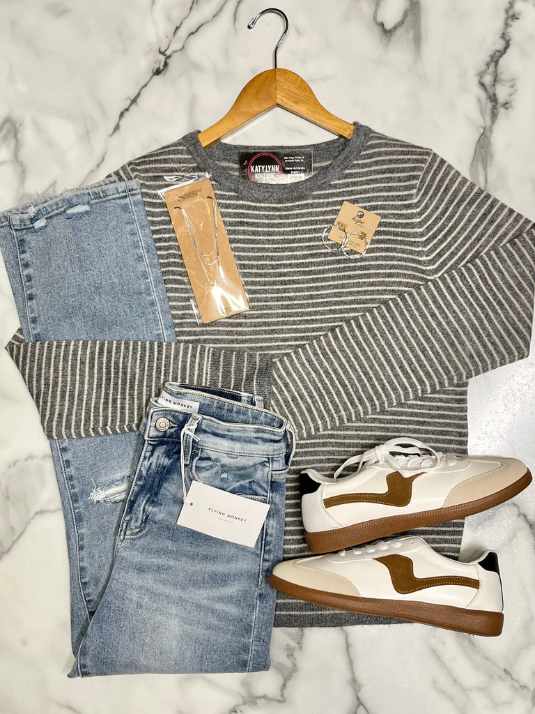 Torrin Striped So-Soft Sweater - Gray/Latte