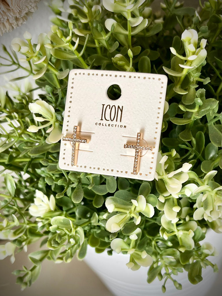 Pave Cross Stud Earrings - Gold