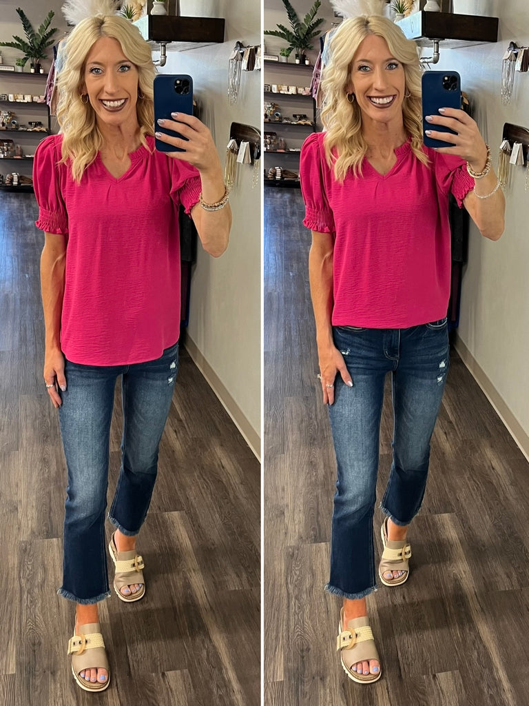 Lexi Smocked Sleeve Blouse - Hot Pink