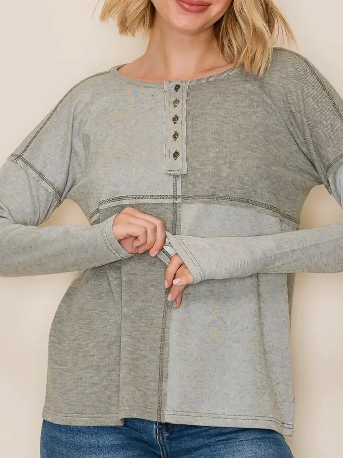 Eliza Button Color Blocked Top - Olive / Dark Olive