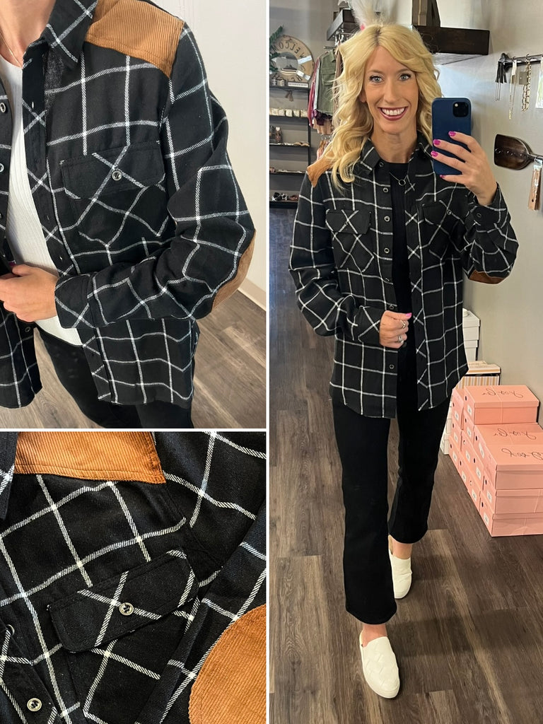 Aria Suede Accent Plaid Shirt - Black/Brown