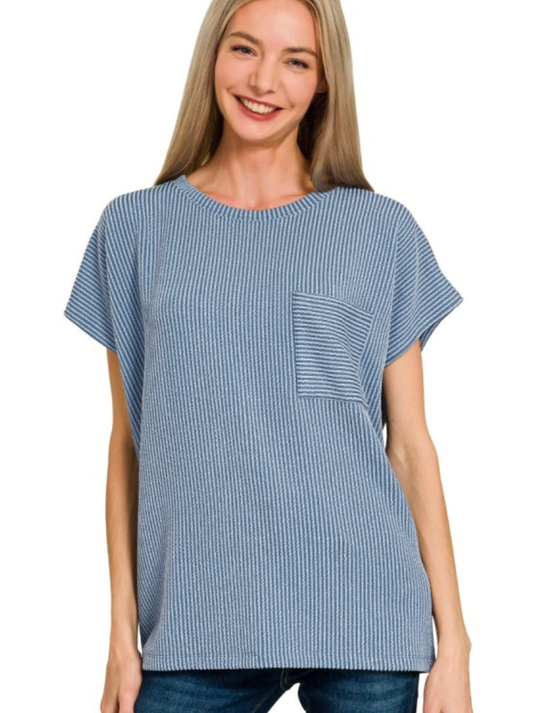Tess Ribbed Pocket Tee - Blue