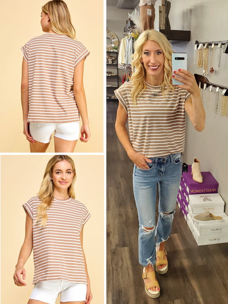Britt Taupe & White Cap Sleeve Tee