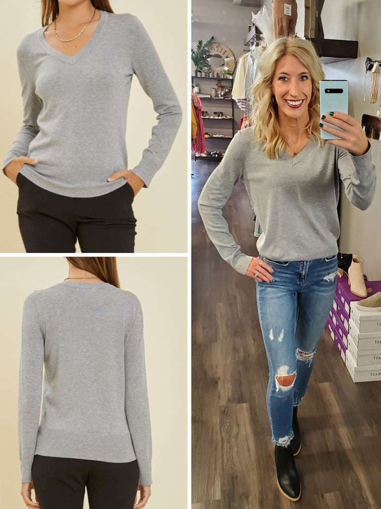 Vera V-Neck Soft Sweater - Heather Gray