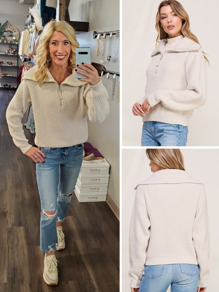 Rose Plush Zip Sweater - Vanilla