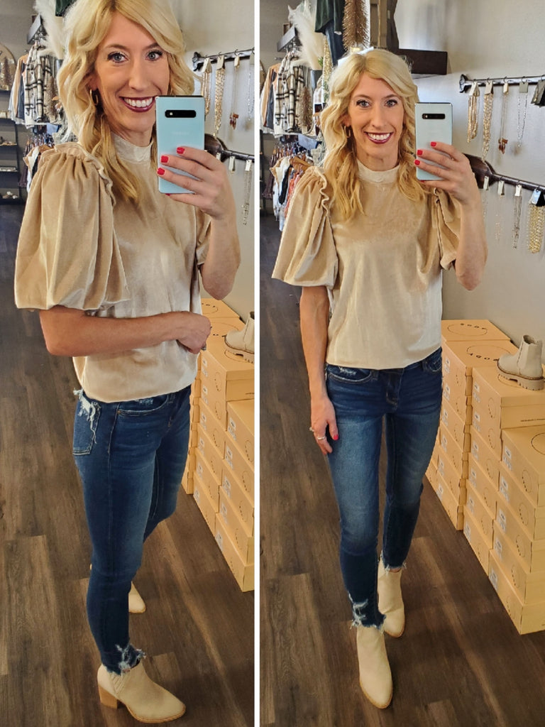 Elodie Velvet Puff Sleeve - Pearl