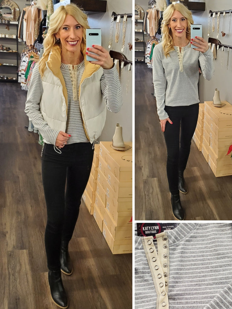 Raya Striped Henley with Snaps - Grey