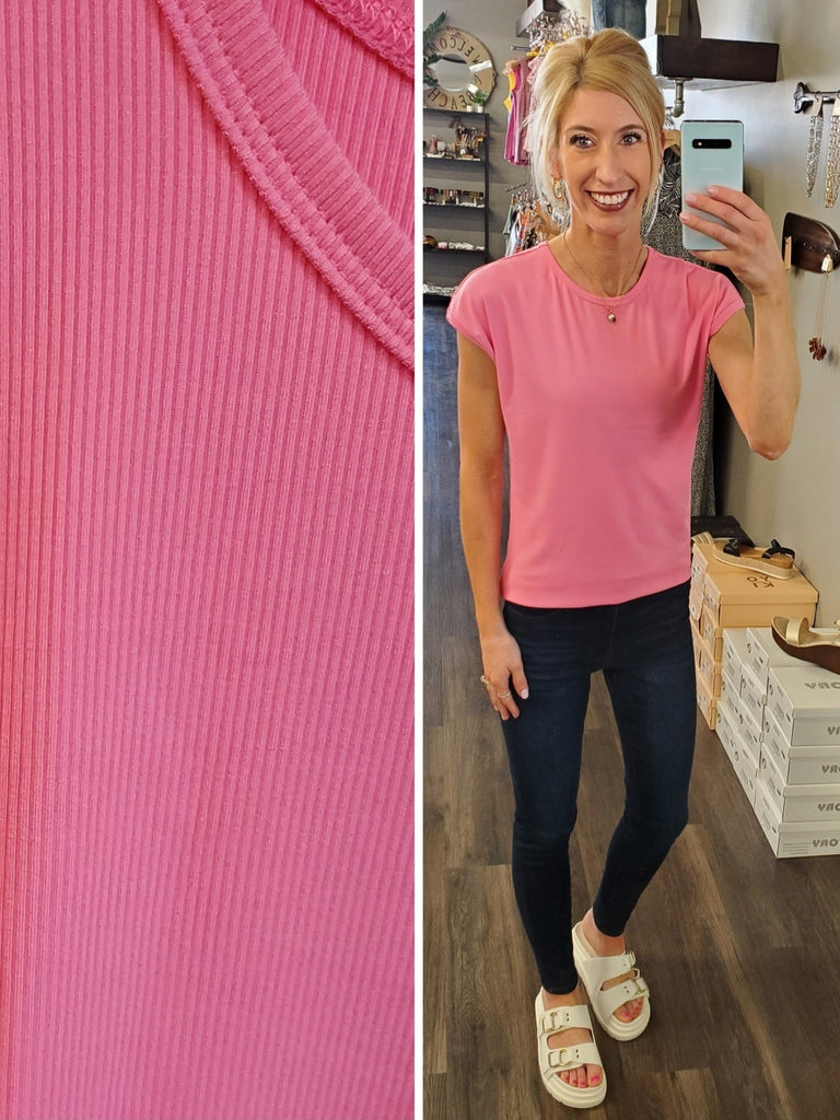 Katrina Ribbed Cap Sleeve Top - Pink