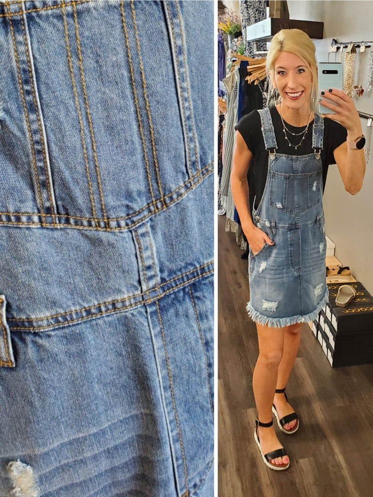 Tracee Distressed Denim Overall Dress