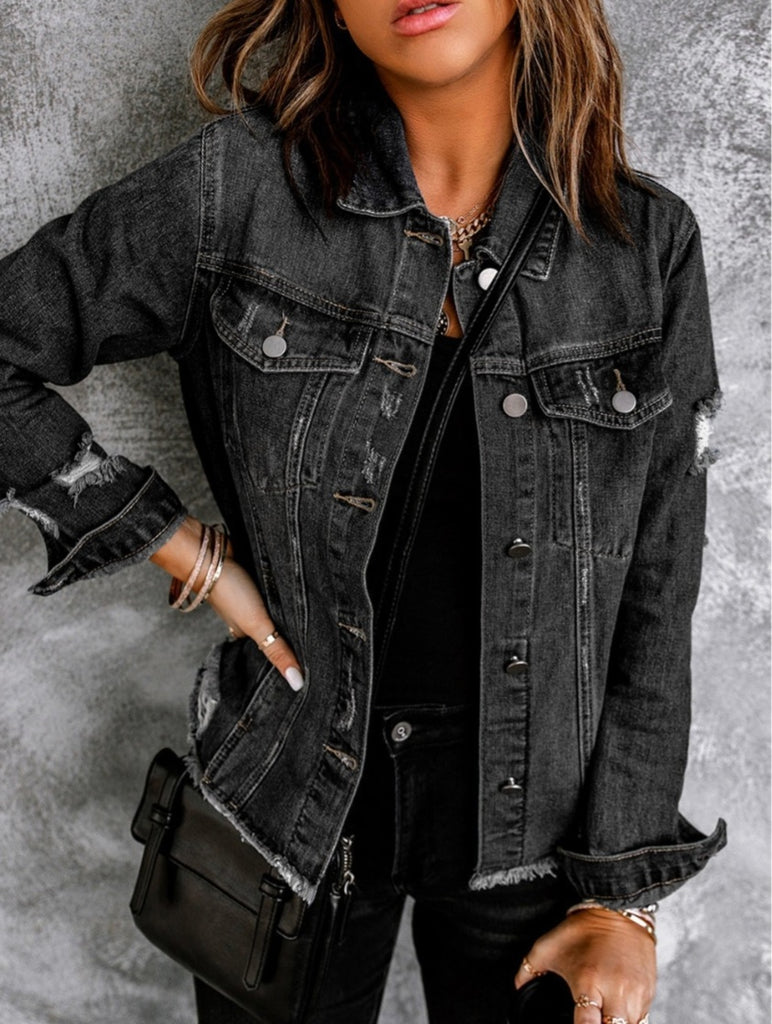 Natalie Charcoal Distressed Denim Jacket