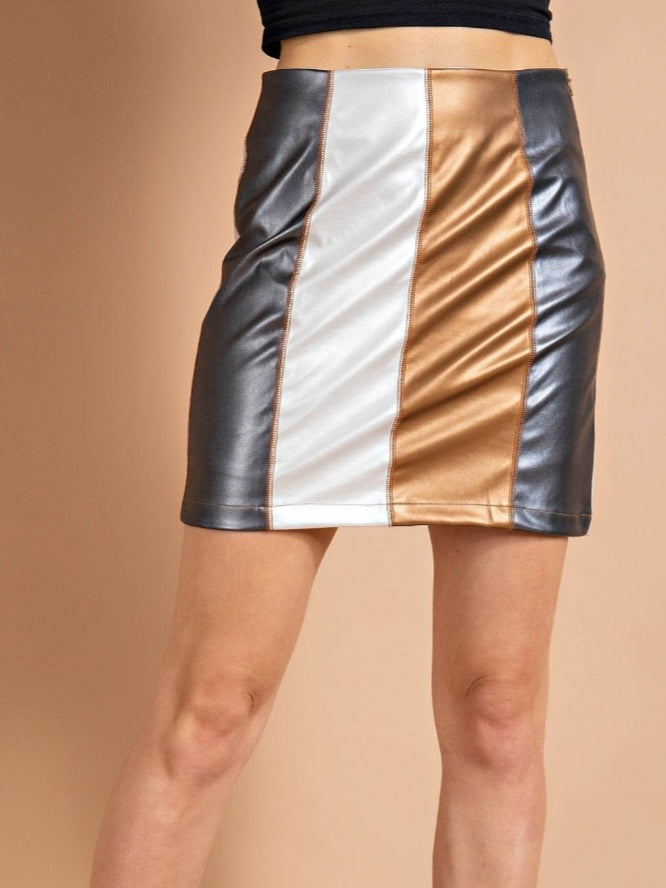 Dee Faux Leather Mini Skirt - Silver/Mocha
