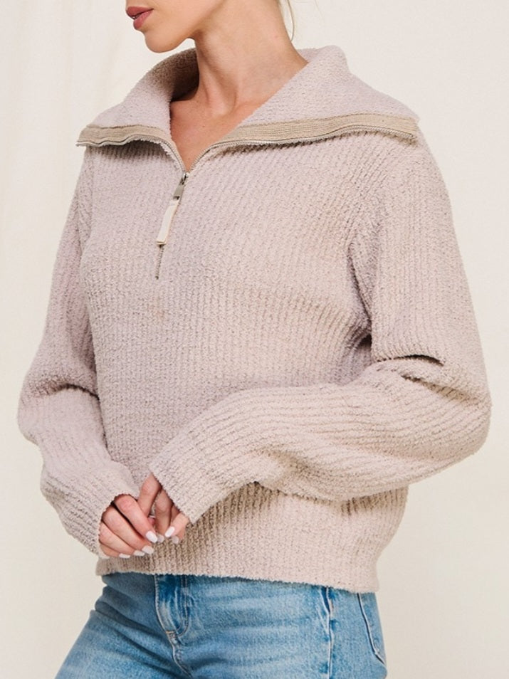 Rose Plush Zip Sweater - Almond