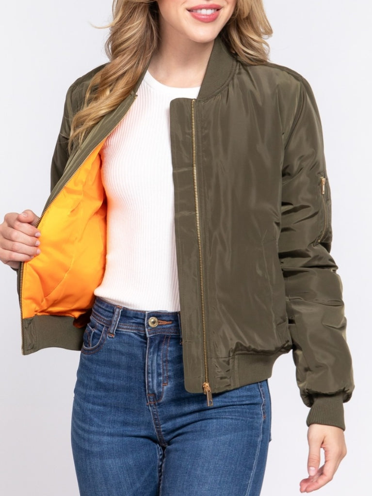 Terrin Gold-Zip Bomber Jacket -Olive - Slim fit