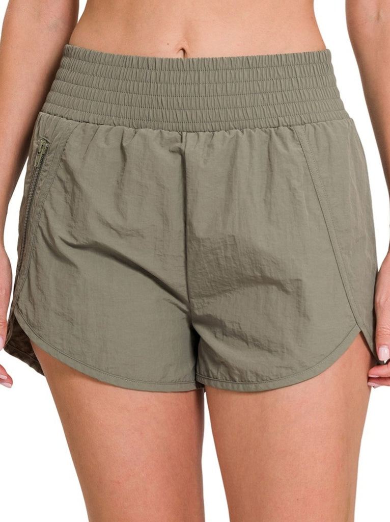 Sandra Windbreaker Smocked Running Shorts - Olive