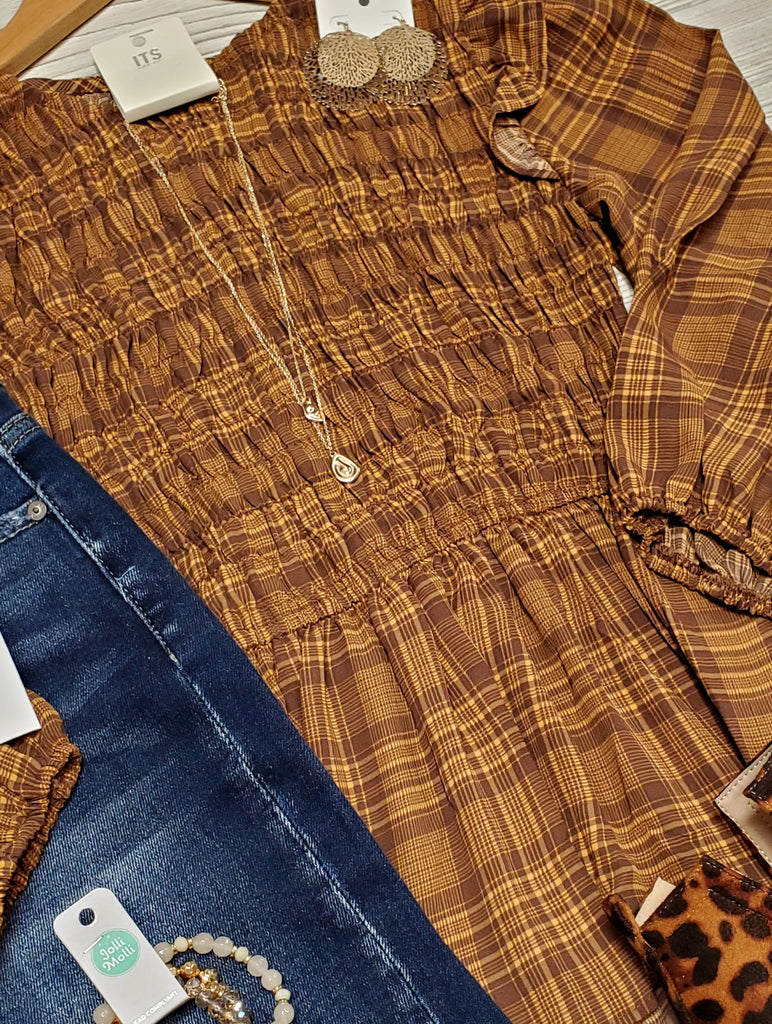 Gwen Mustard/Brown Plaid Peplum Blouse