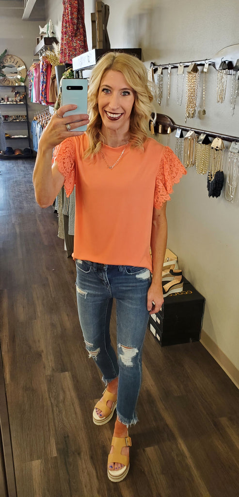 Shellie Lace Sleeve Tops - Orange Sherbet