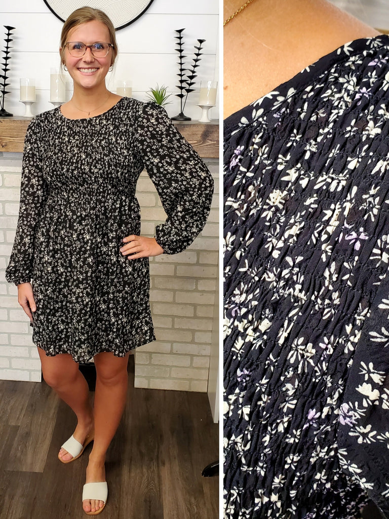 Tasha Floral Dress with Puffed Sleeve - Black