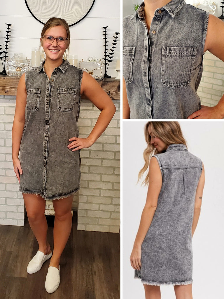 Mia Demin Dress with Frayed Edge - Charcoal