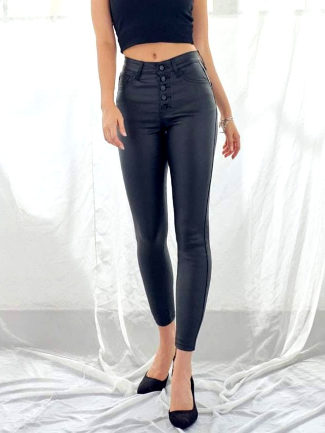 Ember Faux Leather Button-Fly Ankle Skinny