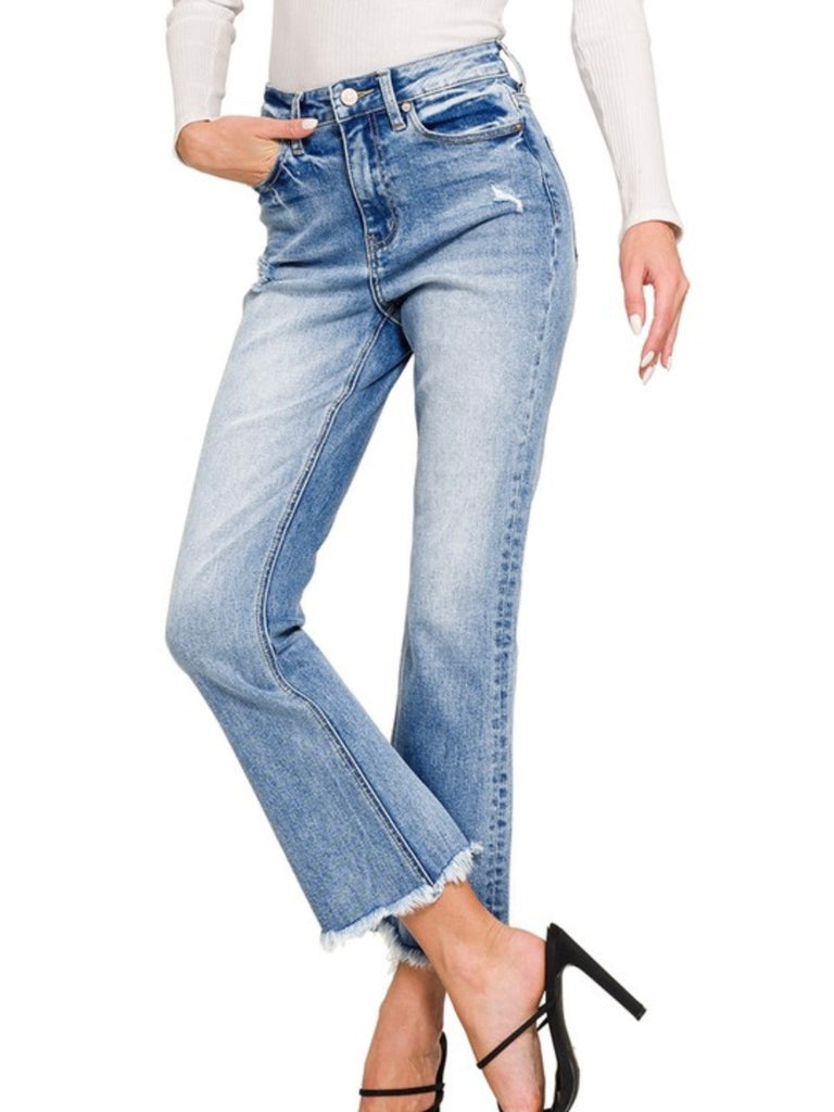Tara High Rise Straight Raw Hem Crop Jeans
