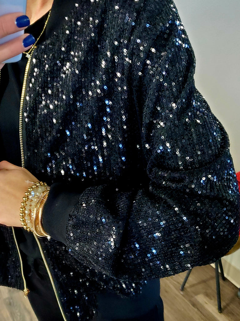 Eve Sequined Bomber Jacket - Black