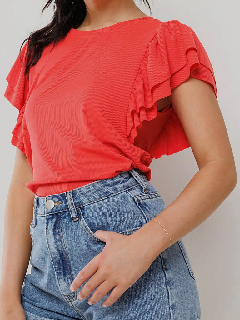 Adelaine Ribbed Ruffle Sleeve - Tomato