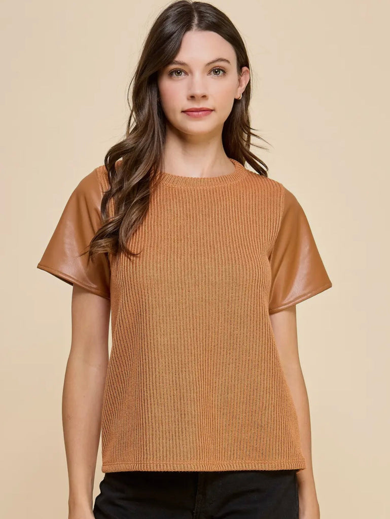 Kesley Leather Sleeve Top- Carmel