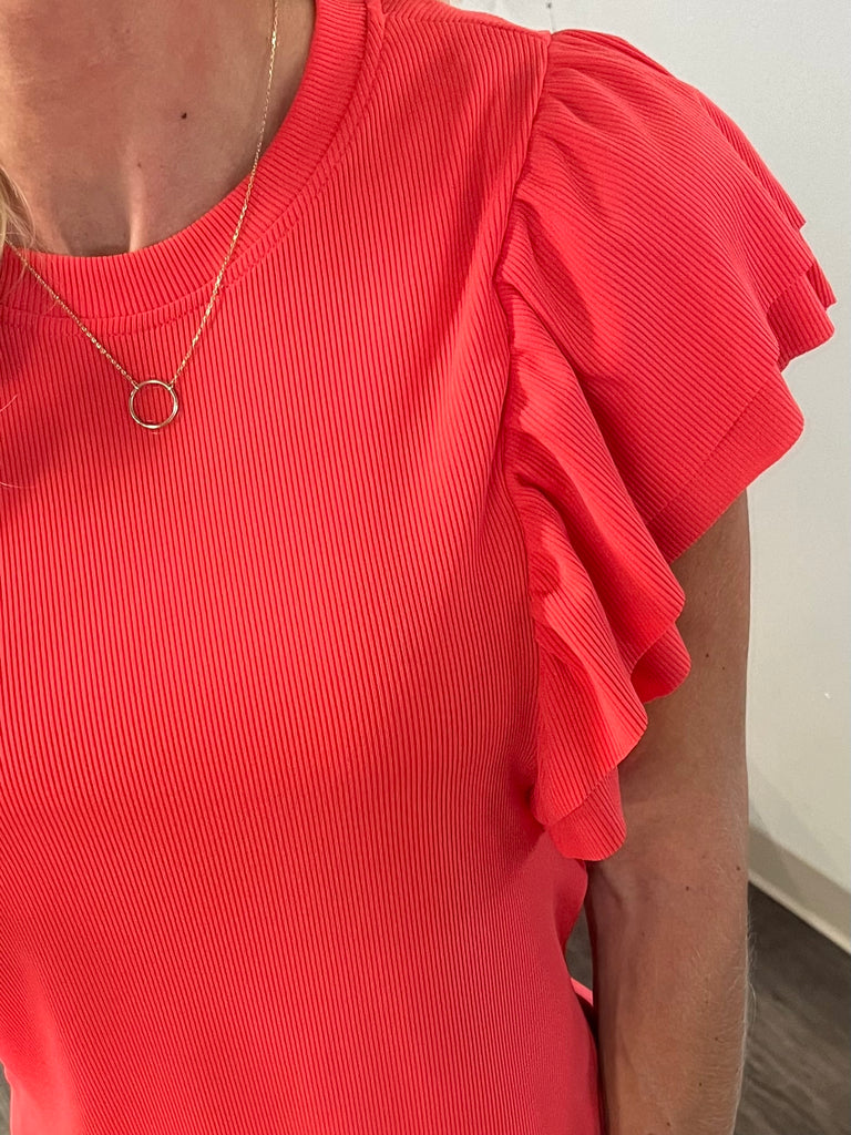Adelaine Ribbed Ruffle Sleeve - Tomato