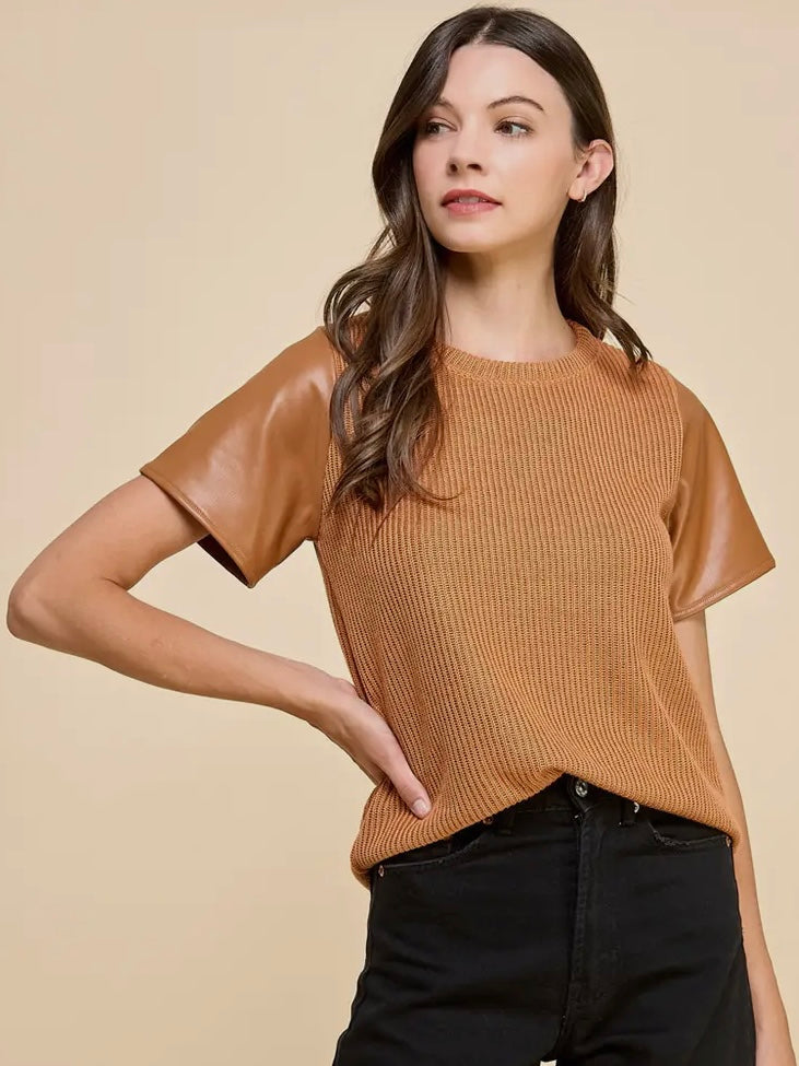 Kesley Leather Sleeve Top- Carmel