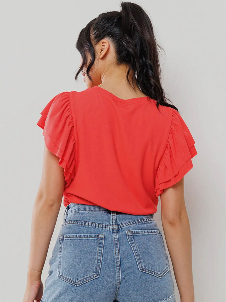 Adelaine Ribbed Ruffle Sleeve - Tomato