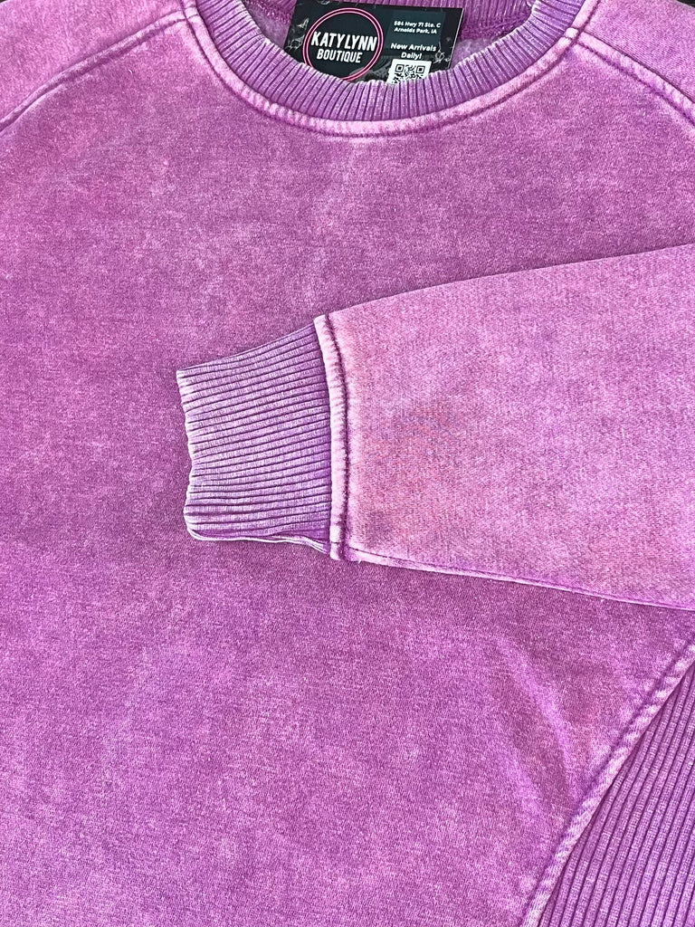 Riley Ribbed Accent Pullover - Mineral Washed Plum