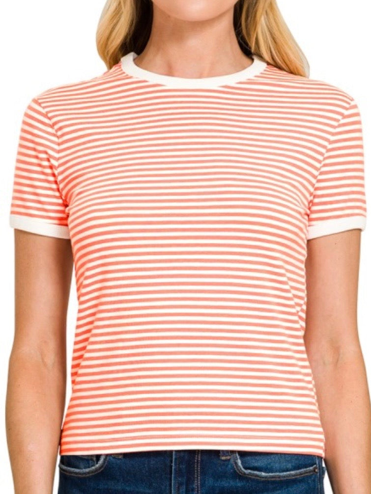 Cora Contrast Striped Tee - Coral