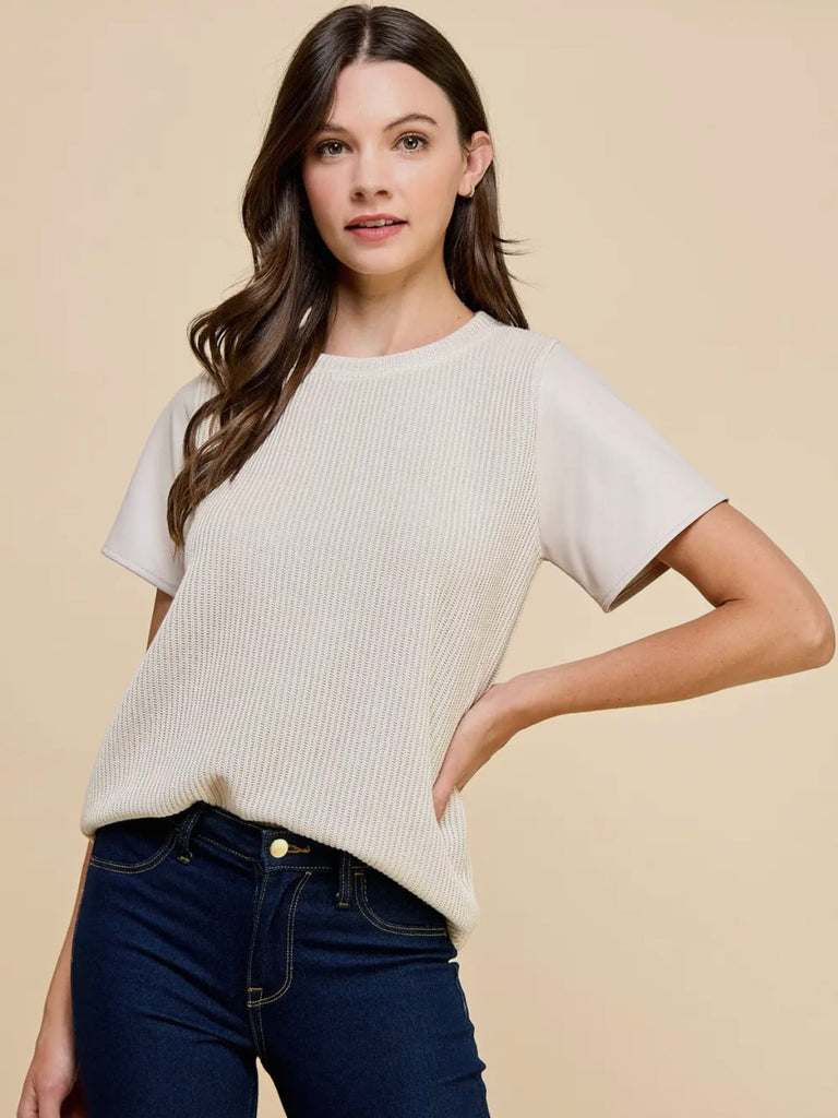 Kesley Leather Sleeve Top- Cream